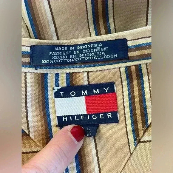 Tommy Hilfiger Men’s Beige Striped Collarless Shirt Crest Heavyweight Large - Picture 4 of 12